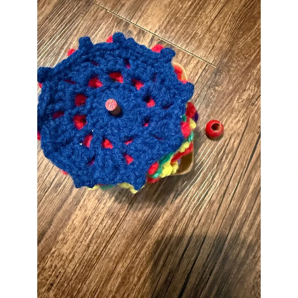Vintage Handmade Crochet Coaster Set 9 pc Rainbow Star with Wooden Spindle Base